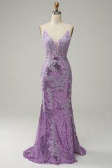 Lavender Prom Dress Sequin Mermaid Evening Dress with Appliques