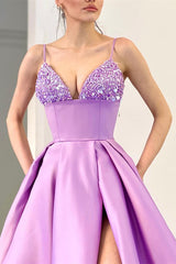 Lavender Spaghetti Straps Sequins A Line Evening Dress with Split