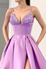 Lavender Spaghetti Straps Sequins A Line Evening Dress with Split