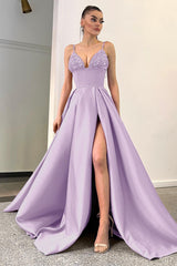 Lavender Spaghetti Straps Sequins A Line Evening Dress with Split