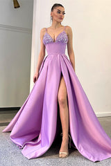 Lavender Spaghetti Straps Sequins A Line Evening Dress with Split