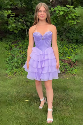 Lavender Tiered Homecoming Dresses Short Corset Cocktail Dresses With Beading