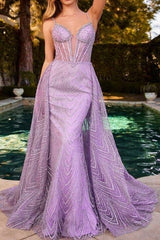 Shining Dusty Blue Prom Dress Sequined Spagheetti Straps Evening Dress with Detachable Train