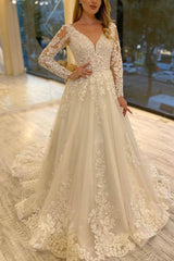 Lavish Lace V Neck Long Sleeves A Line Bridal Gowns