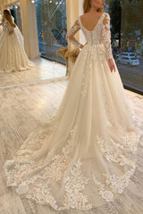 Lavish Lace V Neck Long Sleeves A Line Bridal Gowns