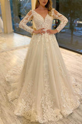 Lavish Lace V Neck Long Sleeves A Line Bridal Gowns