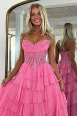 Layered Ruffle A-Line Prom Dress With Embellished Lace Bodice And Leg Slit Formal Evening Gown