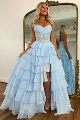Layered Ruffle A-Line Prom Dress With Embellished Lace Bodice And Leg Slit Formal Evening Gown