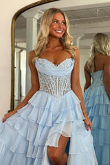 Layered Ruffle A-Line Prom Dress With Embellished Lace Bodice And Leg Slit Formal Evening Gown
