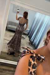 Leopard Print Beaded Long Prom Dress With Spaghetti Straps And Front Slit Formal Evening Gown