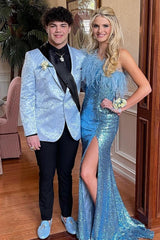 Light Blue 2 Piece Shawl Lapel Jacquard Men's Prom Homecoming Suit