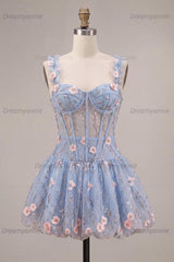 Light Blue Corset Beaded A Line Bubble Short Homecoming Dress with 3D Flowers