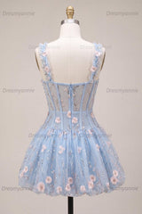 Light Blue Corset Beaded A Line Bubble Short Homecoming Dress with 3D Flowers