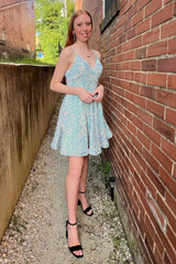 Light Blue Homecoming Dress A-Line Backless Sequin Prom Dress