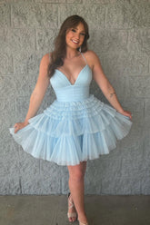 Light Blue Homecoming Dress A-Line Tulle Tiered Short Prom Dress