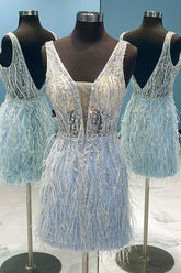 Light Blue Homecoming Dress Beaded Sequin Tight Prom Dress with Feathers