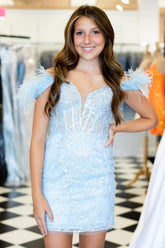 Light Blue Homecoming Dress Corset Lace Tight Short Prom Dress with Feathers