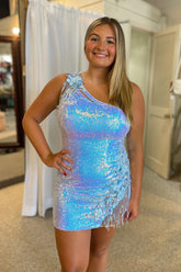 Light Blue Homecoming Dress Sequin Fringed Floral Tight Short Prom Dress
