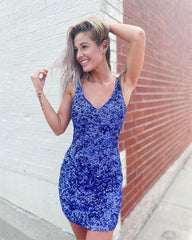 Light Blue Homecoming Dress V-Neck Tight Sequin Short Cocktail Dresses