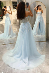 Light Blue Long Corset Prom Dress With Panel Train