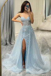 Light Blue Long Corset Prom Dress With Panel Train