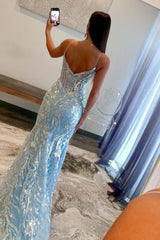 Dreamyannie Blue Prom Dress Spaghetti Straps Corset Mermaid Tulle Formal Dress