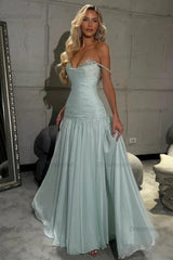 Dreamyannie Mint Green Off The Shoulder Prom Dress A Line Formal Evening Gown