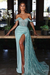 Light Blue Off The Shoulder Mermaid Evening Dress Long with Sequins and Split Ruffles