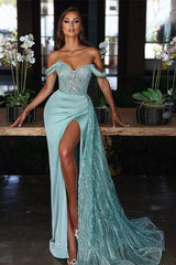 Light Blue Off The Shoulder Mermaid Evening Dress Long with Sequins and Split Ruffles