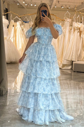 Light Blue Prom Dress A Line Long Tiered Corset Evening Dress