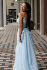 Light Blue Prom Dress A-Line Spaghetti Straps Appliques Formal Dress With Slit