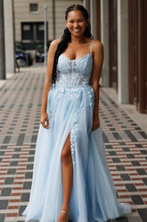 Light Blue Prom Dress A-Line Spaghetti Straps Appliques Formal Dress With Slit