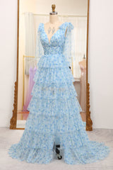 Light Blue Prom Dress A Line V Neck Adjustable Straps Long Tiered Evening Dress
