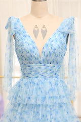 Light Blue Prom Dress A Line V Neck Adjustable Straps Long Tiered Evening Dress