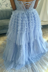Light Blue Prom Dress Appliques Tiered A-Line Sweetheart Long Formal Dress