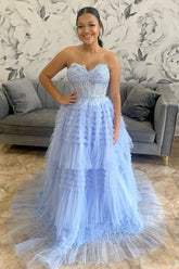 Light Blue Prom Dress Appliques Tiered A-Line Sweetheart Long Formal Dress
