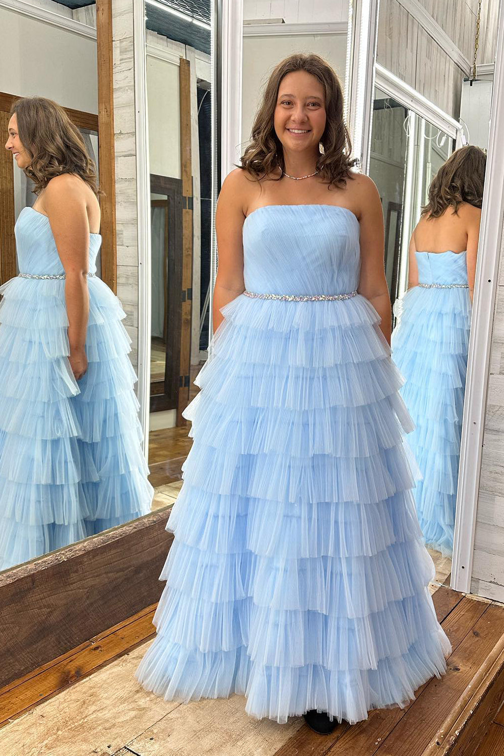 Light Blue Prom Dress Beaded Tiered Strapless Long Tulle Evening Dress