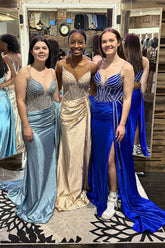 Light Blue Prom Dress Corset Beaded Side Cape Formal Dress With Slit