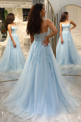 Light Blue Prom Dress Evening Dress A Line Long Corset Evening Dress With Appliques
