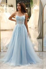Light Blue Prom Dress Evening Dress A Line Long Corset Evening Dress With Appliques