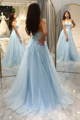 Light Blue Prom Dress Evening Dress A Line Long Corset Evening Dress With Appliques
