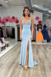 Light Blue Prom Dress Long Beaded Sheath Evening Dress with Slit