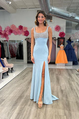 Light Blue Prom Dress Long Beaded Sheath Evening Dress with Slit