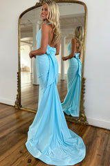 Light Blue Prom Dress Mermaid Deep V-Neck Backless Long Formal Dress