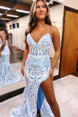 Light Blue Prom Dress Mermaid Lace Formal Dress With Slit