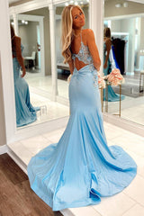 Light Blue Prom Dress Mermaid Long Evening Dress With Appliques