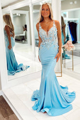 Light Blue Prom Dress Mermaid Long Evening Dress With Appliques
