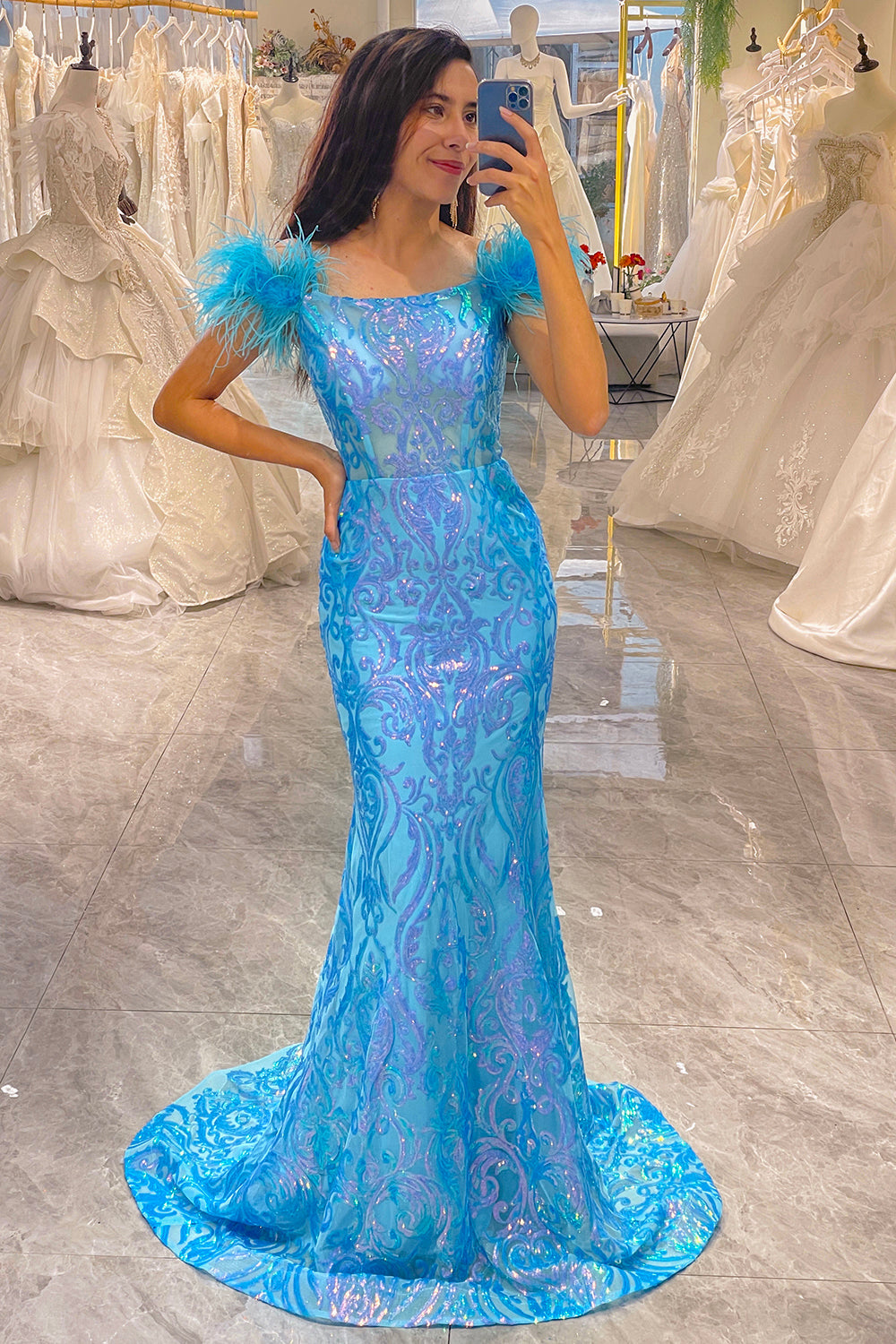 Light Blue Prom Dress Mermaid Long Evening Dress with feathers