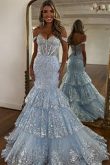Light Blue Prom Dress Mermaid Off The Shoulder Long Formal Dress With Lace