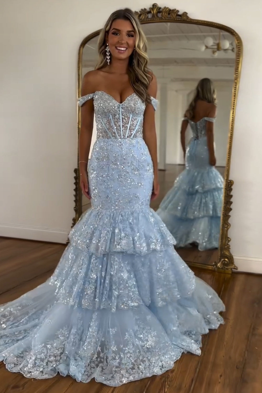 Light Blue Prom Dress Mermaid Off The Shoulder Long Formal Dress With Lace